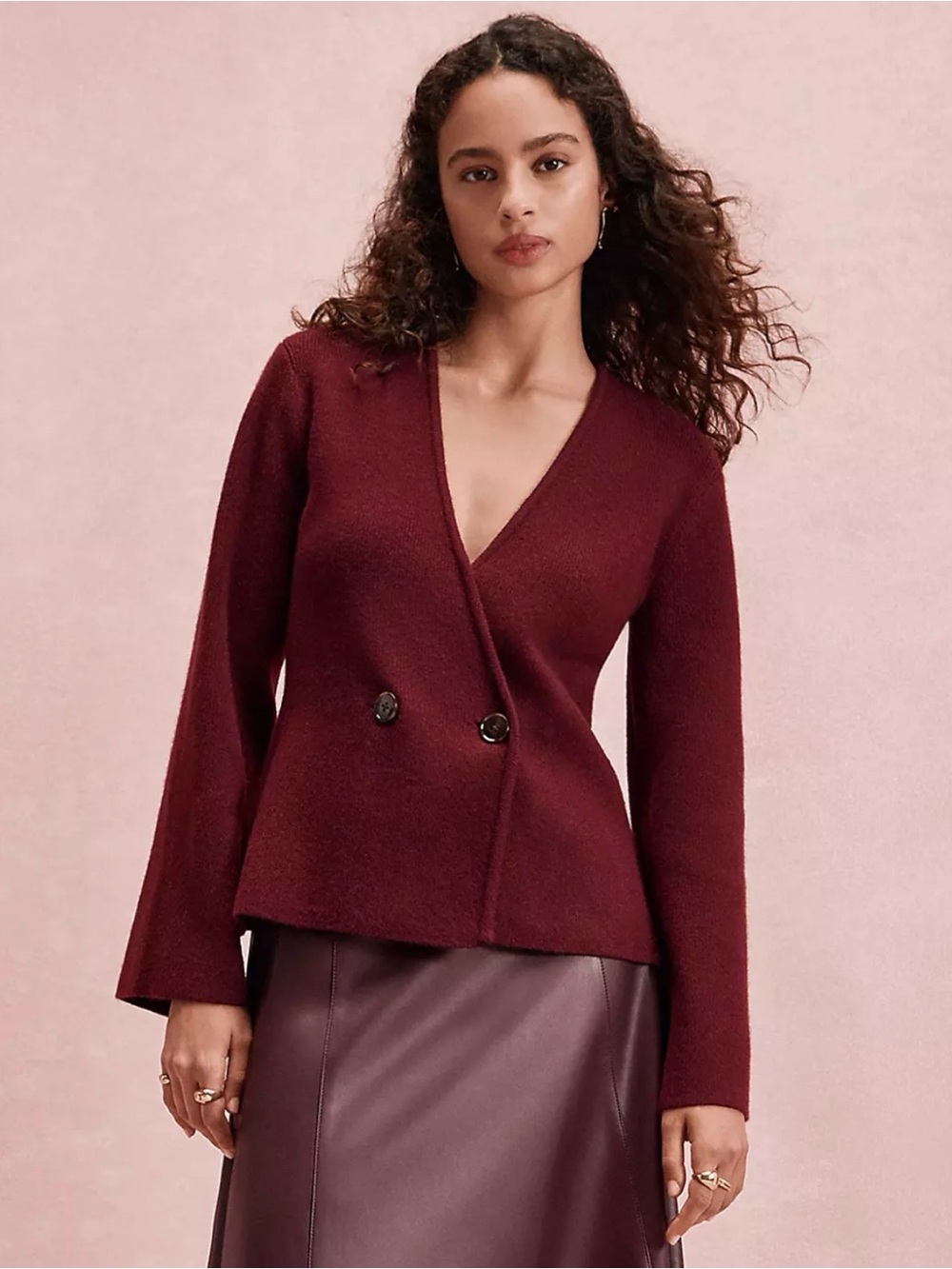 LOFT 2025 Burgundy Ribbed Double Button Sweater Jacket Bell Sleeve Size M